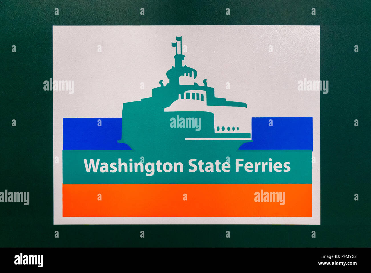 Washington State Ferries logotype or logo or design in the Bainbridge Island terminal, USA. Stock Photo