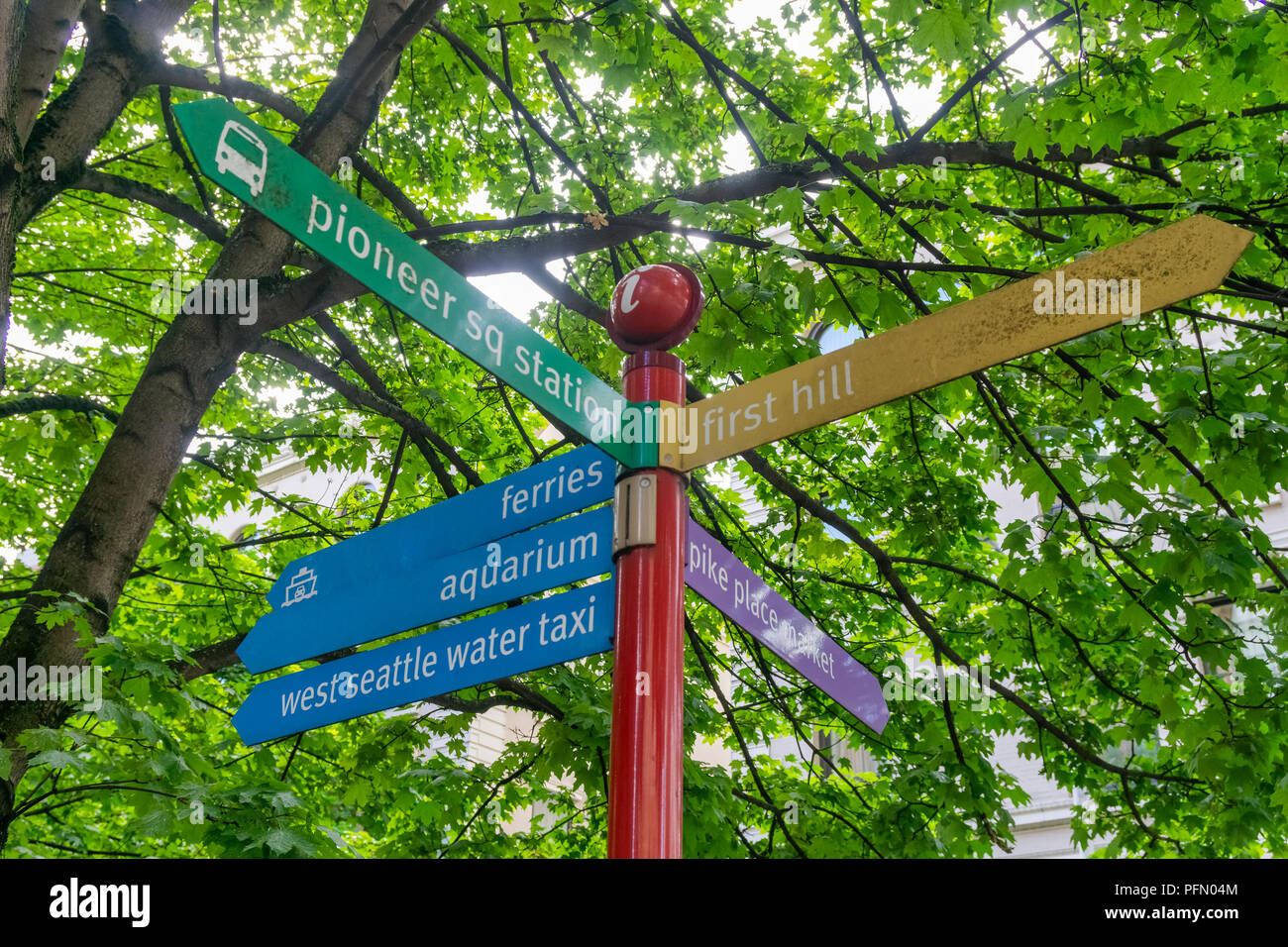 Direction sign in Seattle downtown district, Washington State, USA ...