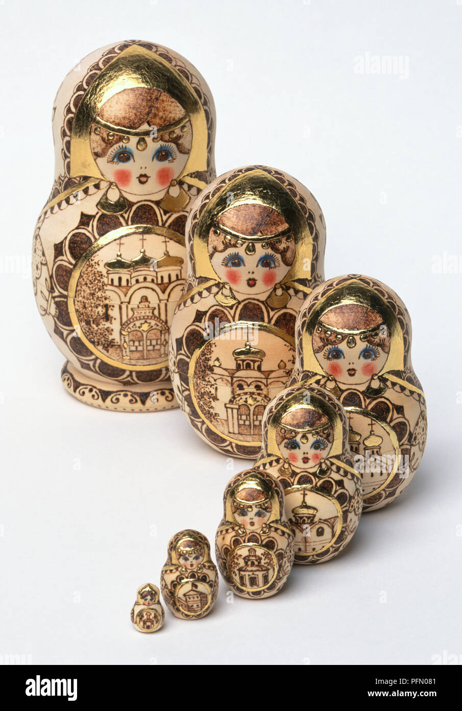 Row of traditional Russian dolls from large to small Stock Photo