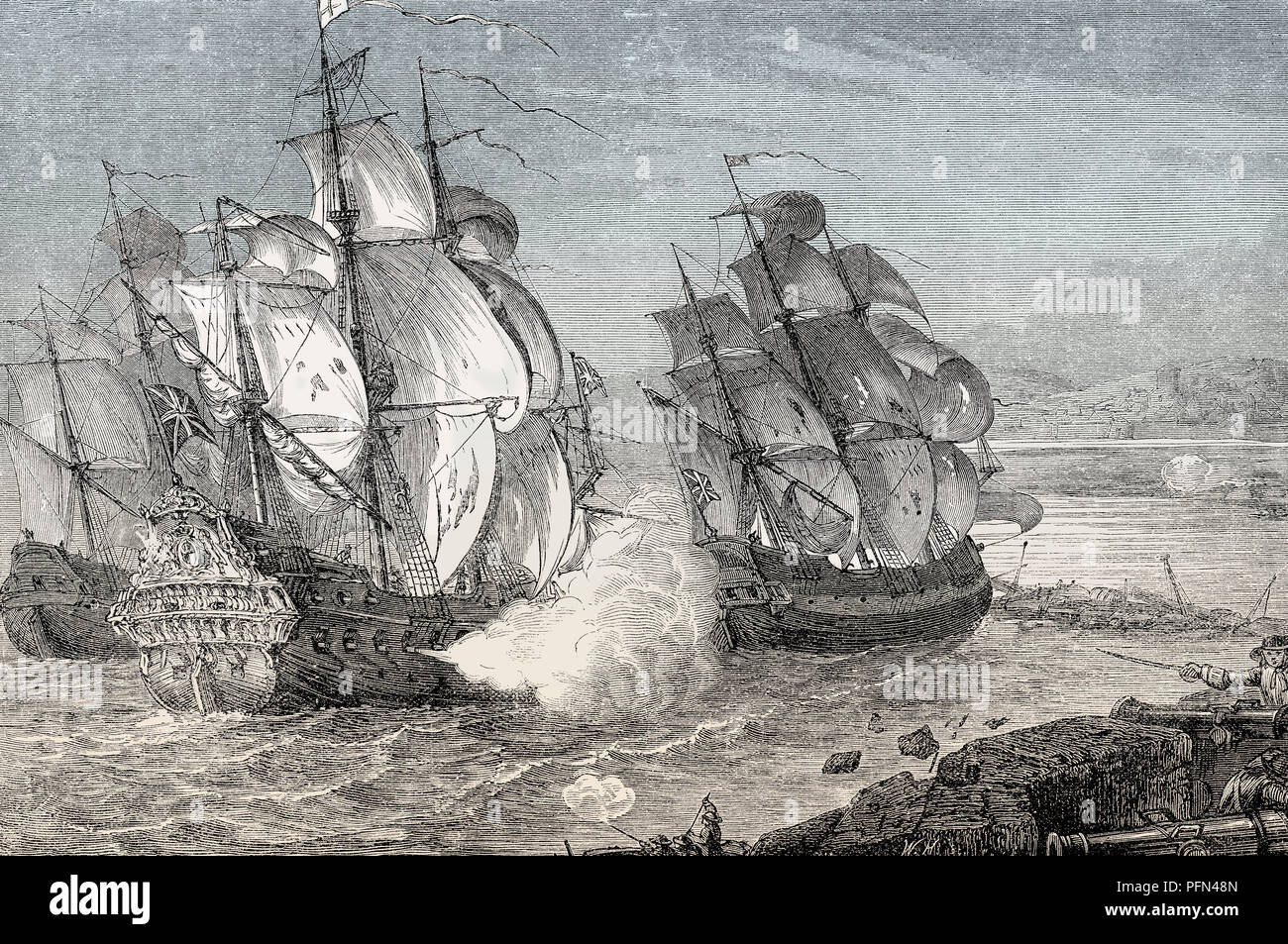 The merchant ship Mountjoy and the frigate HMS Dartmouth at the  Great Siege of Londonderry, 1689, From British Battles on Land and Sea, by James Gran Stock Photo