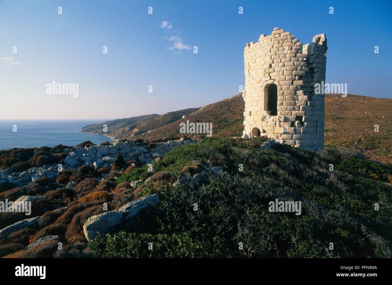 Greece, Chios, remains of Hellenistic town lookout tower on coastal cliff Stock Photo