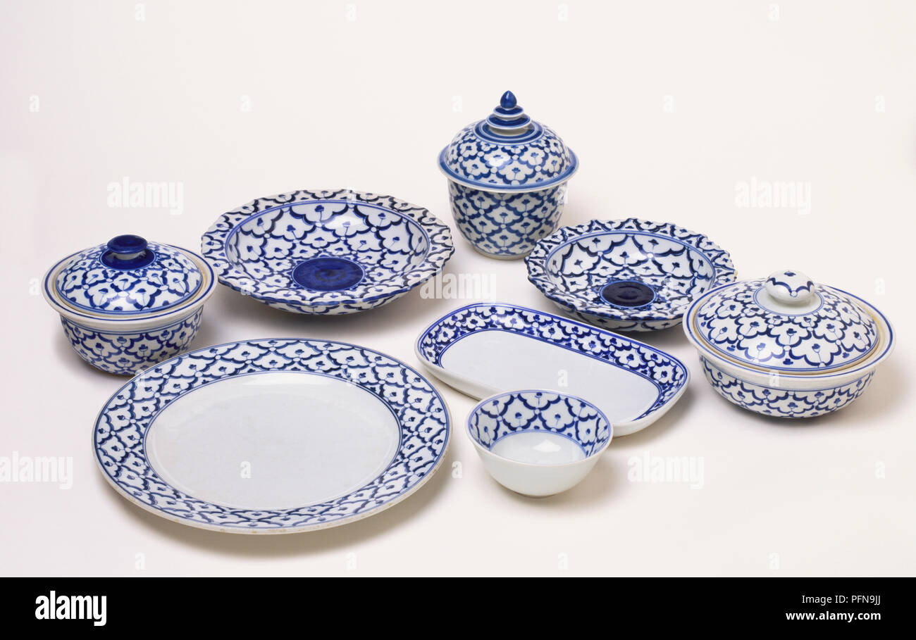 Blue and white china dishware set,, side view Stock Photo