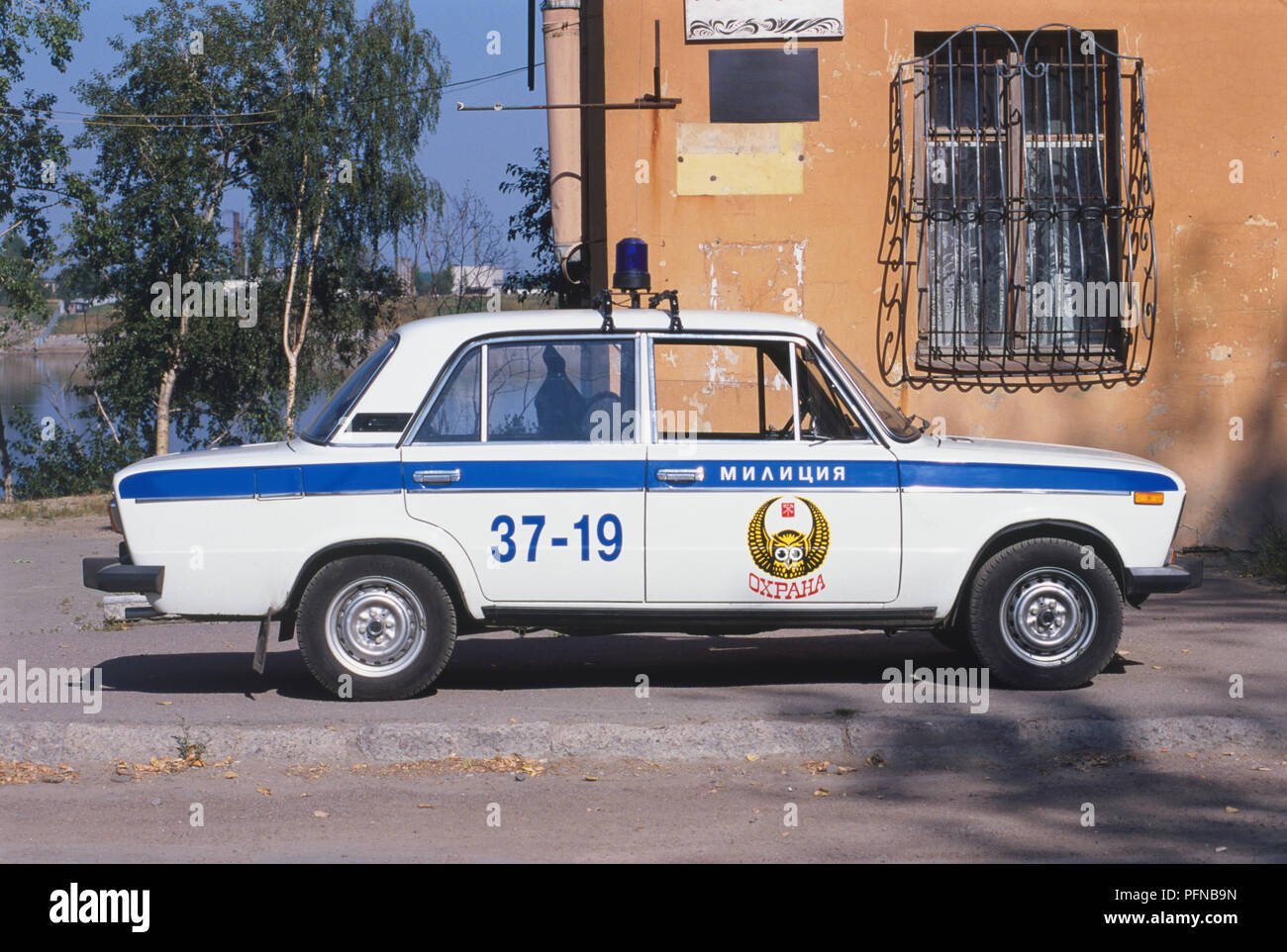 Russia, St Petersburg, police car parked on pavement, side view Stock Photo