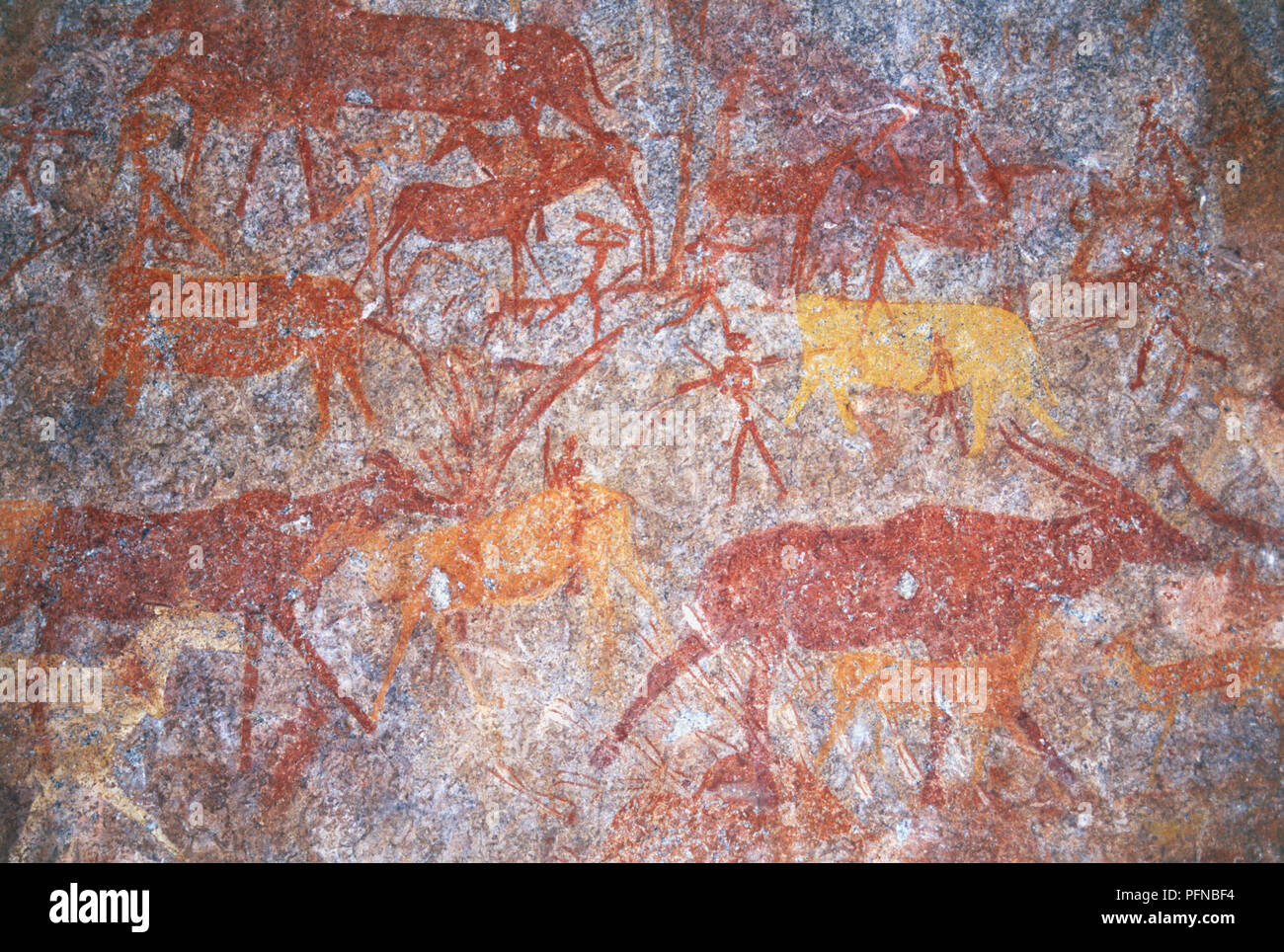Inanke rock paintings photographed in a cave in the Matobo National Park, Zimbabwe. April 1st, 1998. Stock Photo