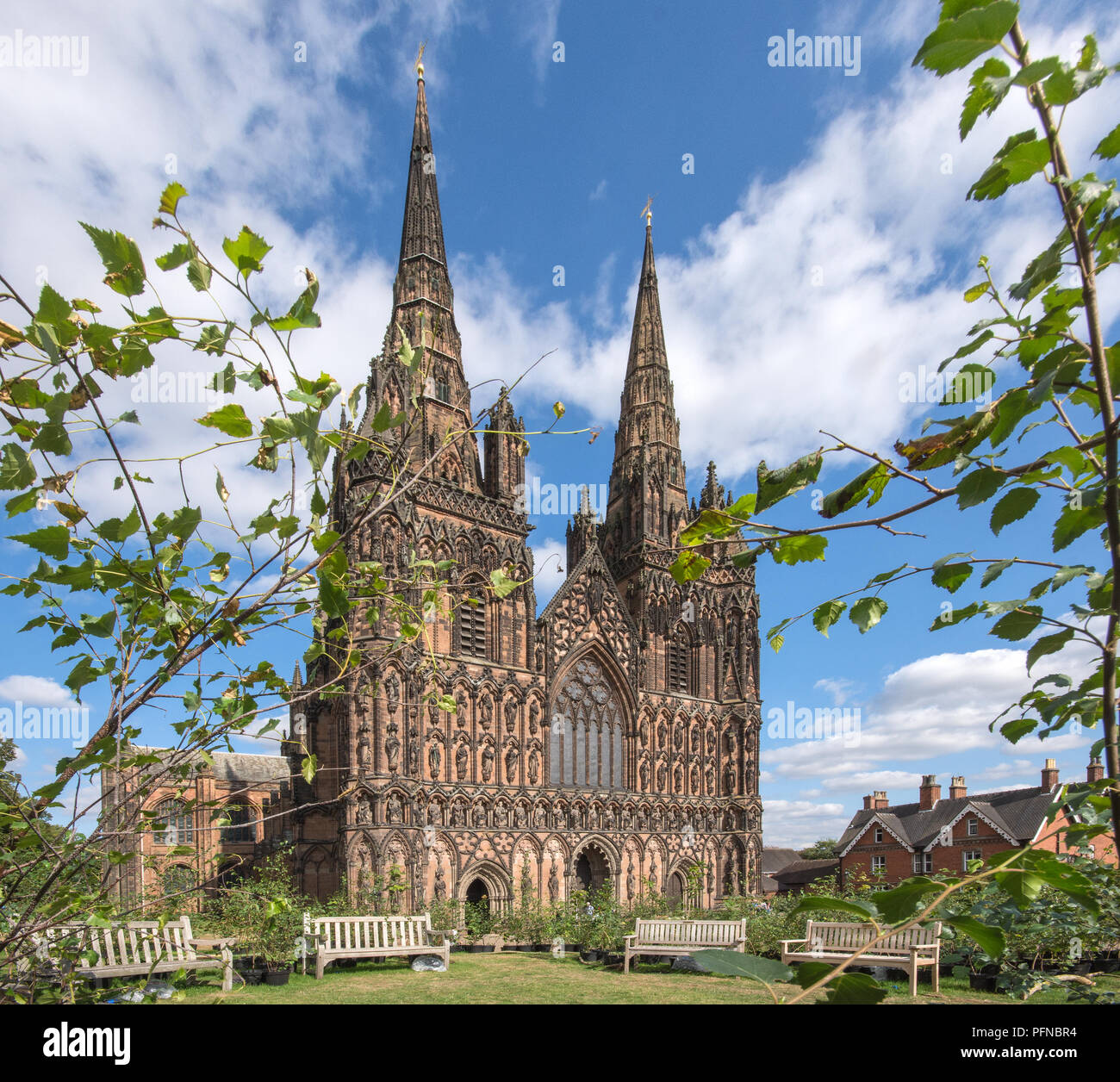 Lichfield Cathedral Staffordshire England with 1918 trees forming a Peace Woodland as part of a Great Exhibition, Imagine Peace, to celebrate the centenary of 1918 created by artist in residence Peter Walker from 17th August 2018 to 27th August 2018.  After the Exhibition the trees will be planted in Beacon Park Lichfield. Stock Photo