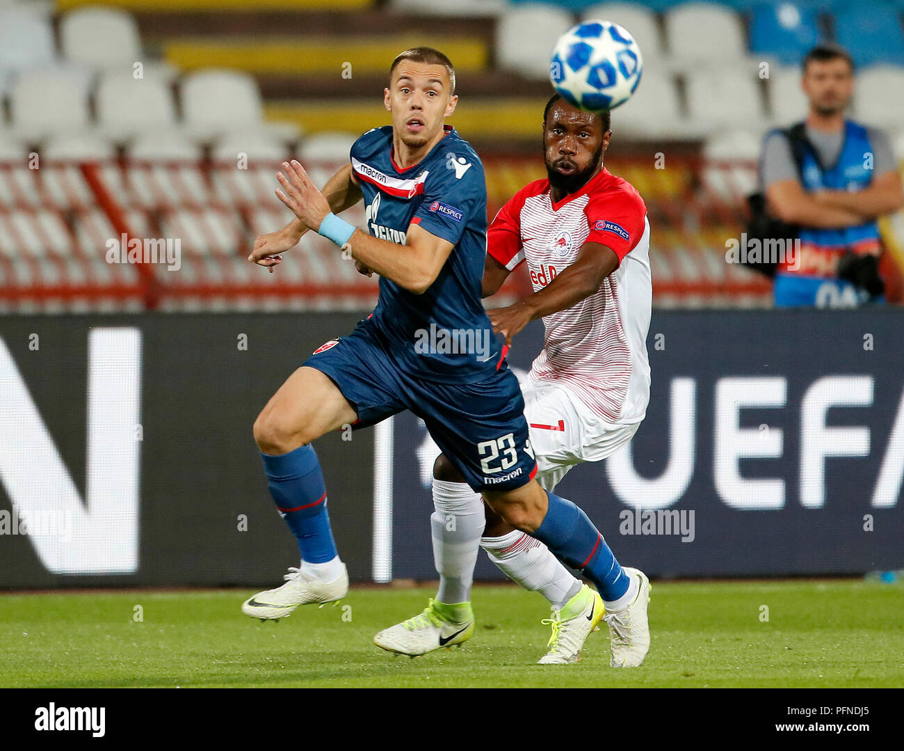 Belgrade. 24th July, 2019. Crvena Zvezda's Milan Rodic (R) vies with HJK's  Nikolai Alho (L) during UEFA Champions League first leg of the second  qualifying round between Serbia's Crvena Zvezda and Finland's