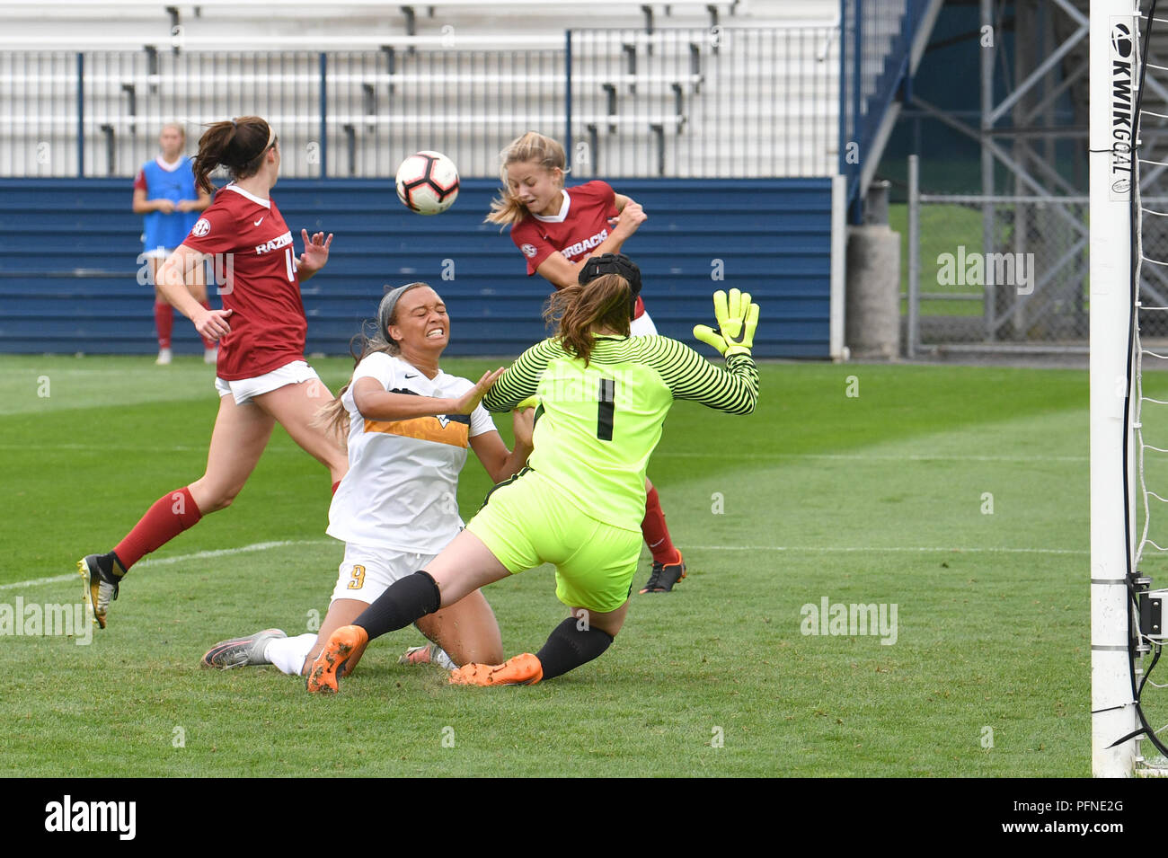 University Park, Pennsylvania, USA. 19th Aug, 2018. WVU women's soccer player LAUREN SEGALLA (9) collides with Arkansas women's soccer player RACHEL HARRIS (1) during the NCAA women's soccer match played at Jeffrey Field in University Park, PA. WVU and Arkansas finished in a 1-1 draw after two overtimes. Credit: Ken Inness/ZUMA Wire/Alamy Live News Stock Photo