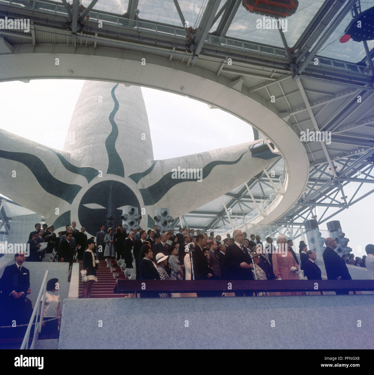 German President Gustav Heinemann (M, on microphone) and his wife Hilda (red dress) at the Festival Plaza of the Expo '70 during the ceremony on the occasion of the German Day on May 13, 1970 in Suita, a suburb of the Japanese city of Osaka. | usage worldwide Stock Photo