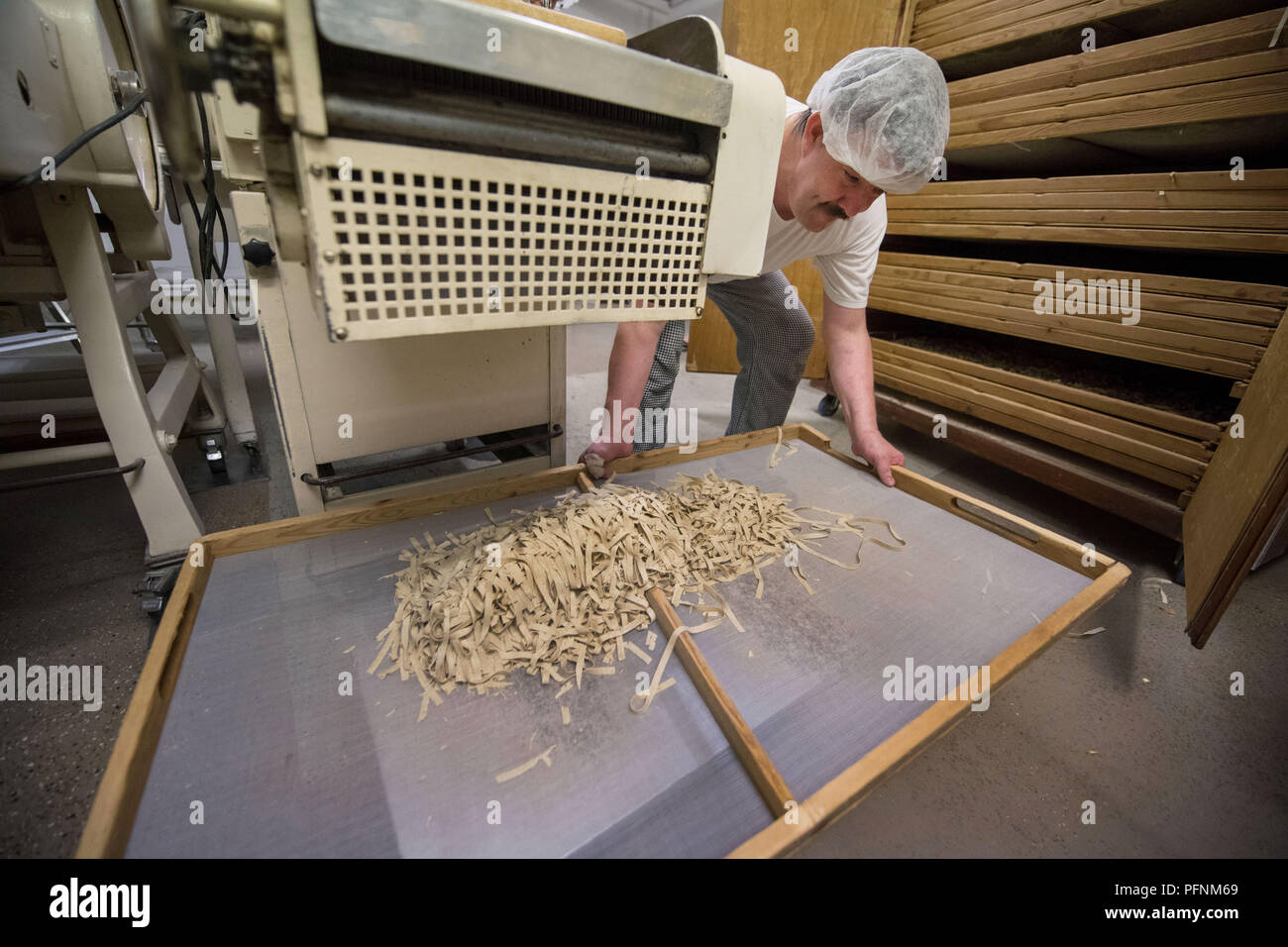 Straubenhardt, Germany. 11th July, 2018. Markus Hoell, employee of a pasta factory, which among other things produces for Plumento Food GmbH, takes a drying frame with insect-containing tagliatelle from a machine. Plumento Food develops and sells products containing, among other things, insect meal. Credit: Marijan Murat/dpa/Alamy Live News Stock Photo