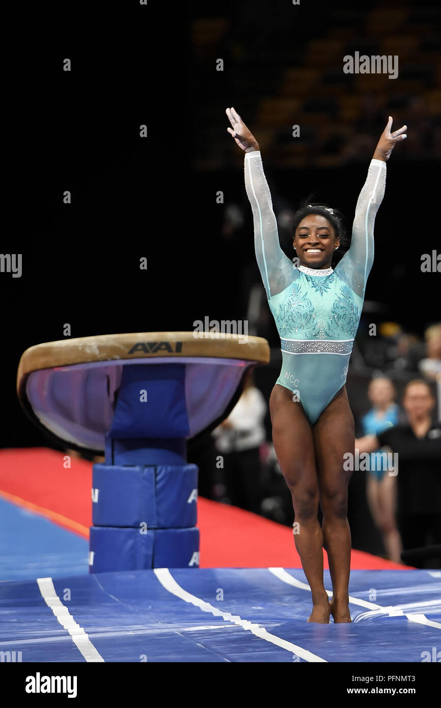 August 19, 2018 - Boston, Massachussetts, U.S - SIMONE BILES smiles after successfully landing her second vault during the final night of competition held at TD Garden in Boston, Massachusetts. (Credit Image: © Amy Sanderson via ZUMA Wire) Stock Photo