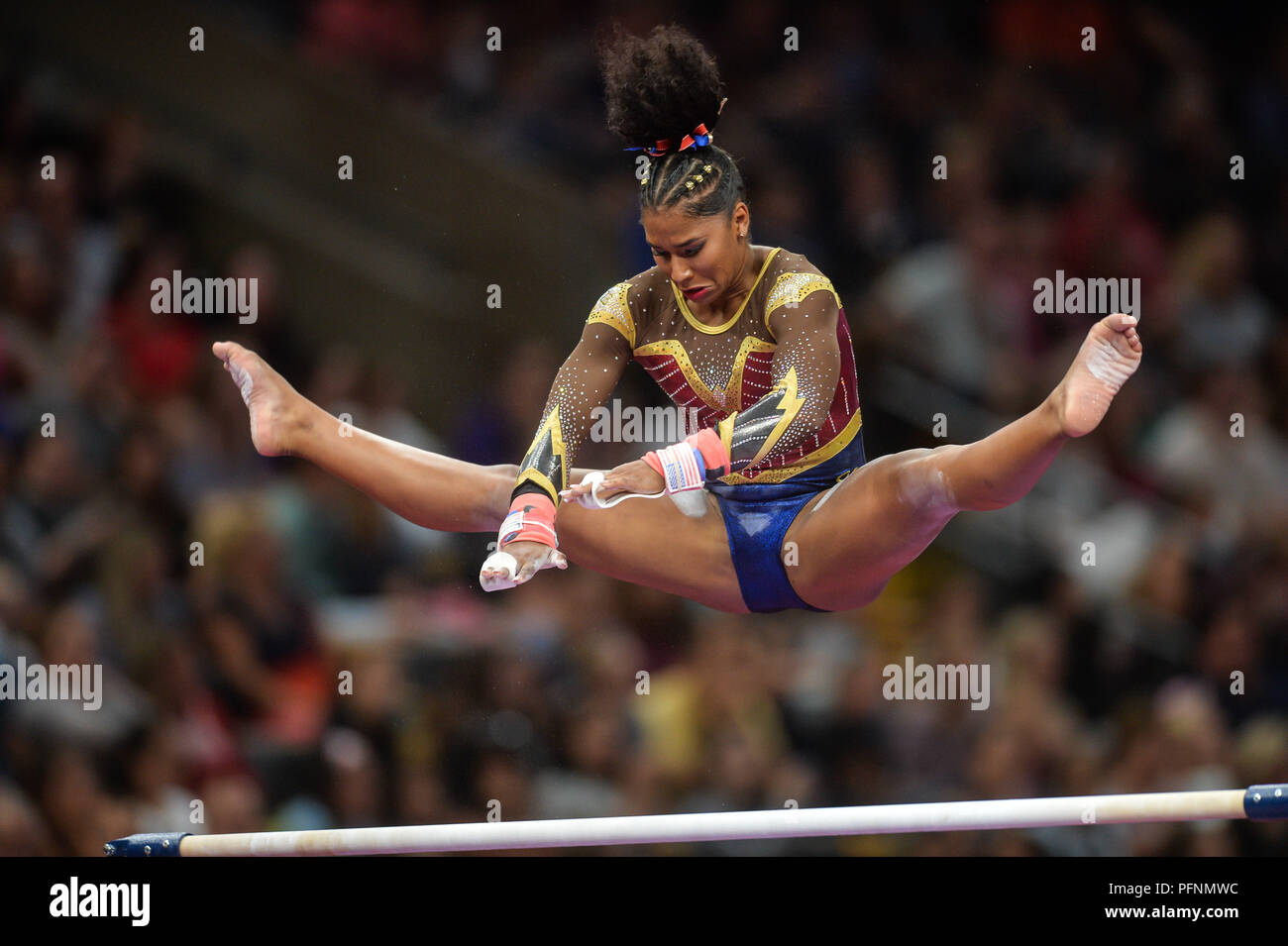 August 19, 2018 - Boston, Massachussetts, U.S - JORDAN CHILES competes on the uneven bars while wearing a superwoman inspired leotard during the final night of competition held at TD Garden in Boston, Massachusetts. (Credit Image: © Amy Sanderson via ZUMA Wire) Stock Photo