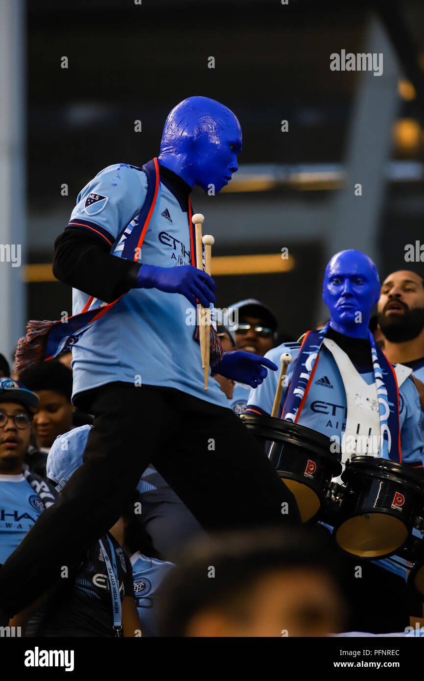 Bronx, NY, USA. 22nd August, 2018. The Blue Man Group joins the Third Rail and NYCFC fans at the NYCFC vs New York Redbulls derby. © Ben Nichols/Alamy Live News. Stock Photo