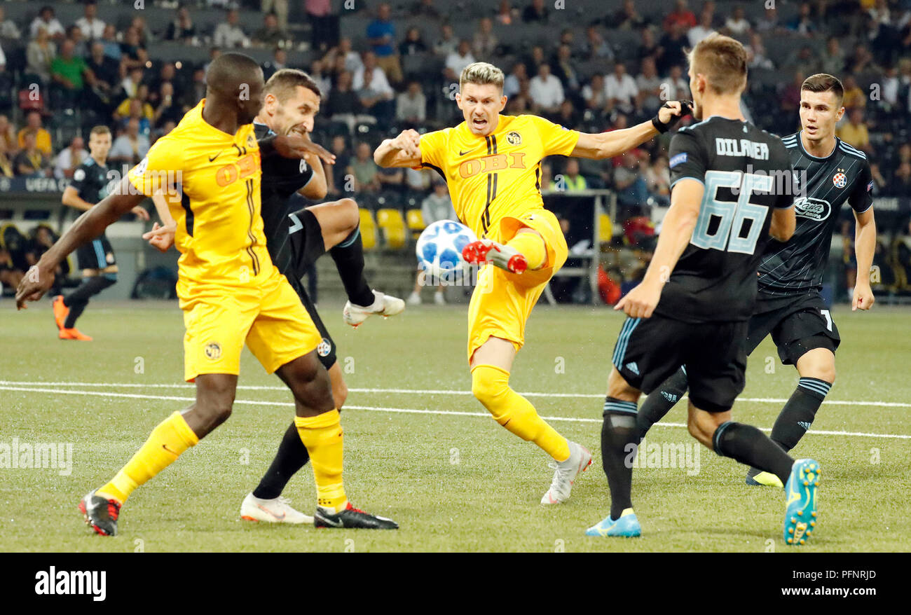 Bern, Switzerland. 22nd Aug, 2018. Christian Fassnacht (C) of Young Boys  competes during the first leg match of UEFA Champions League play-offs  between Young Boys and Dinamo Zagreb at the Stade de