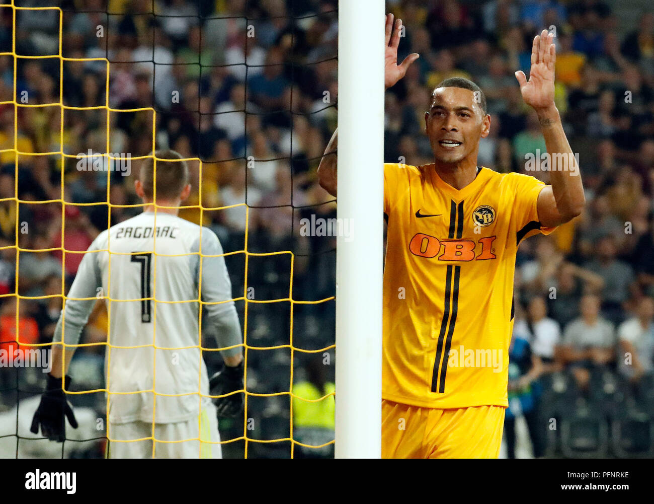 Bern, Switzerland. 22nd Aug, 2018. Guillaume Hoarau (R) of Young Boys  gestures during the first leg match of UEFA Champions League play-offs  between Young Boys and Dinamo Zagreb at the Stade de