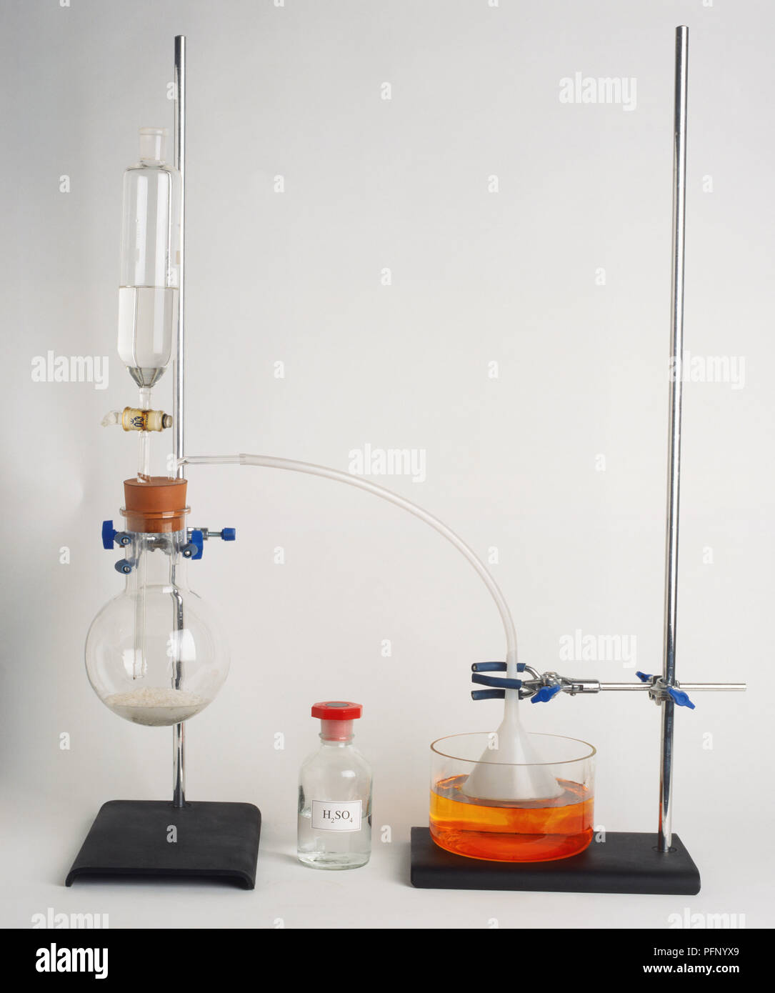 Clamp stands holding apparatus to prepare hydrochloric acid using sulphuric acid and sodium chloride. Stock Photo