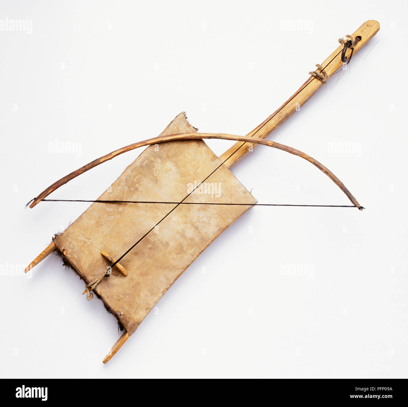 North African bedouin fiddle and bow made from wood, horse hair and goatskin Stock Photo