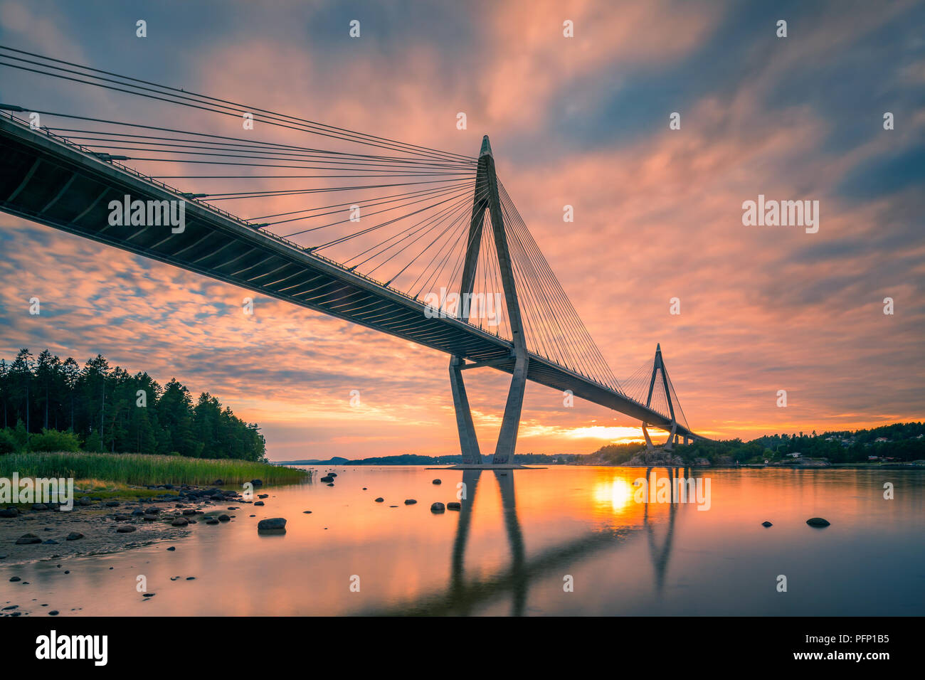 The Uddevalla Bridge is a cable-stayed bridge crossing Sunninge sound near Uddevalla in the province of Bohuslan on the west coast of Sweden Stock Photo