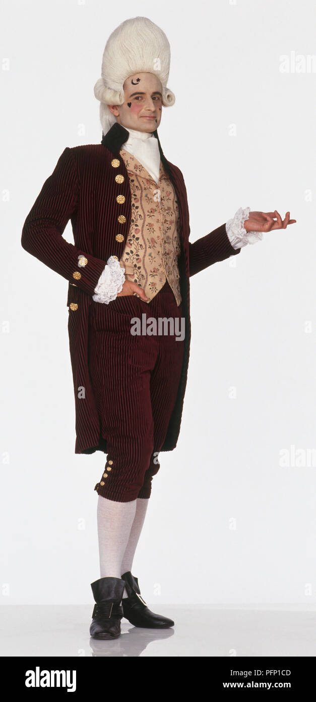 Man modelling 18th-century suit and white wig Stock Photo