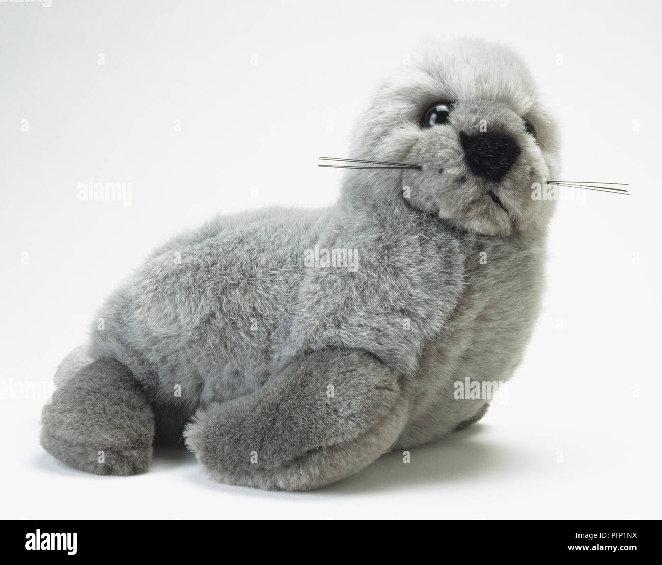 Grey toy seal, side view Stock Photo