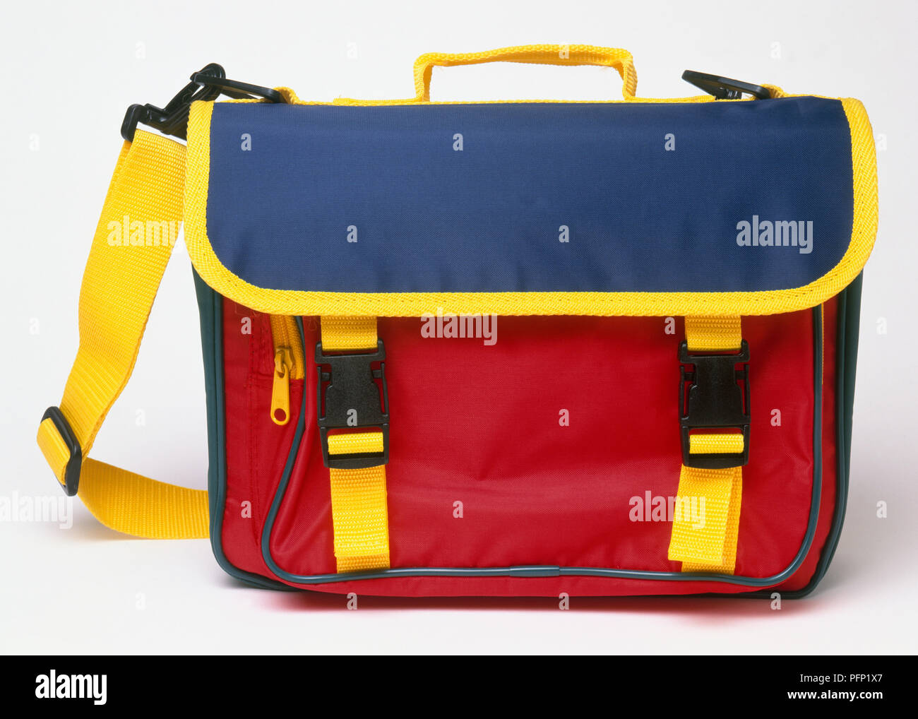 Colourful red, blue and yellow satchel Stock Photo