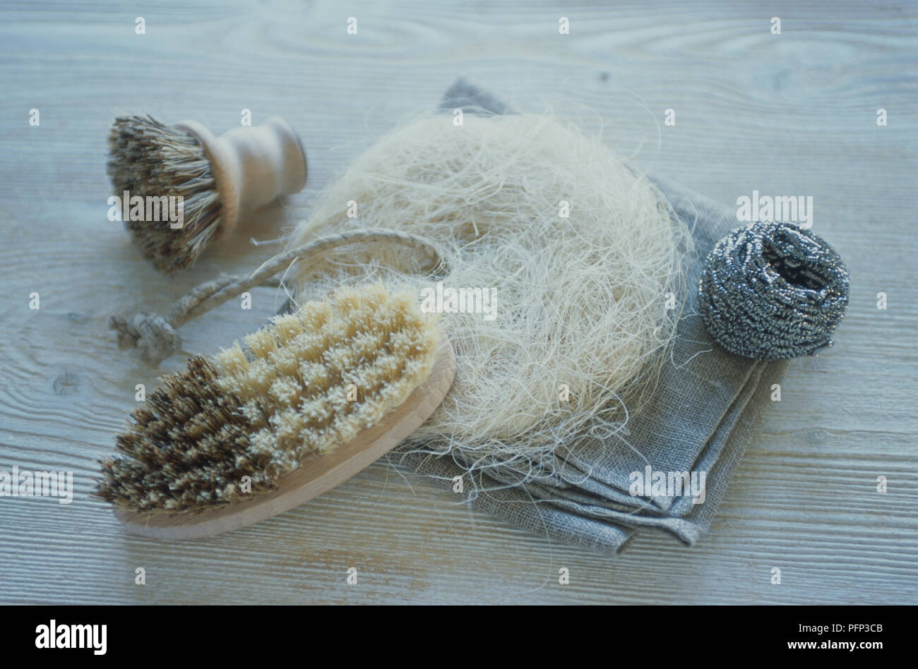 Cleaning tools including scrubbing brushes, wire wool and linen cloths