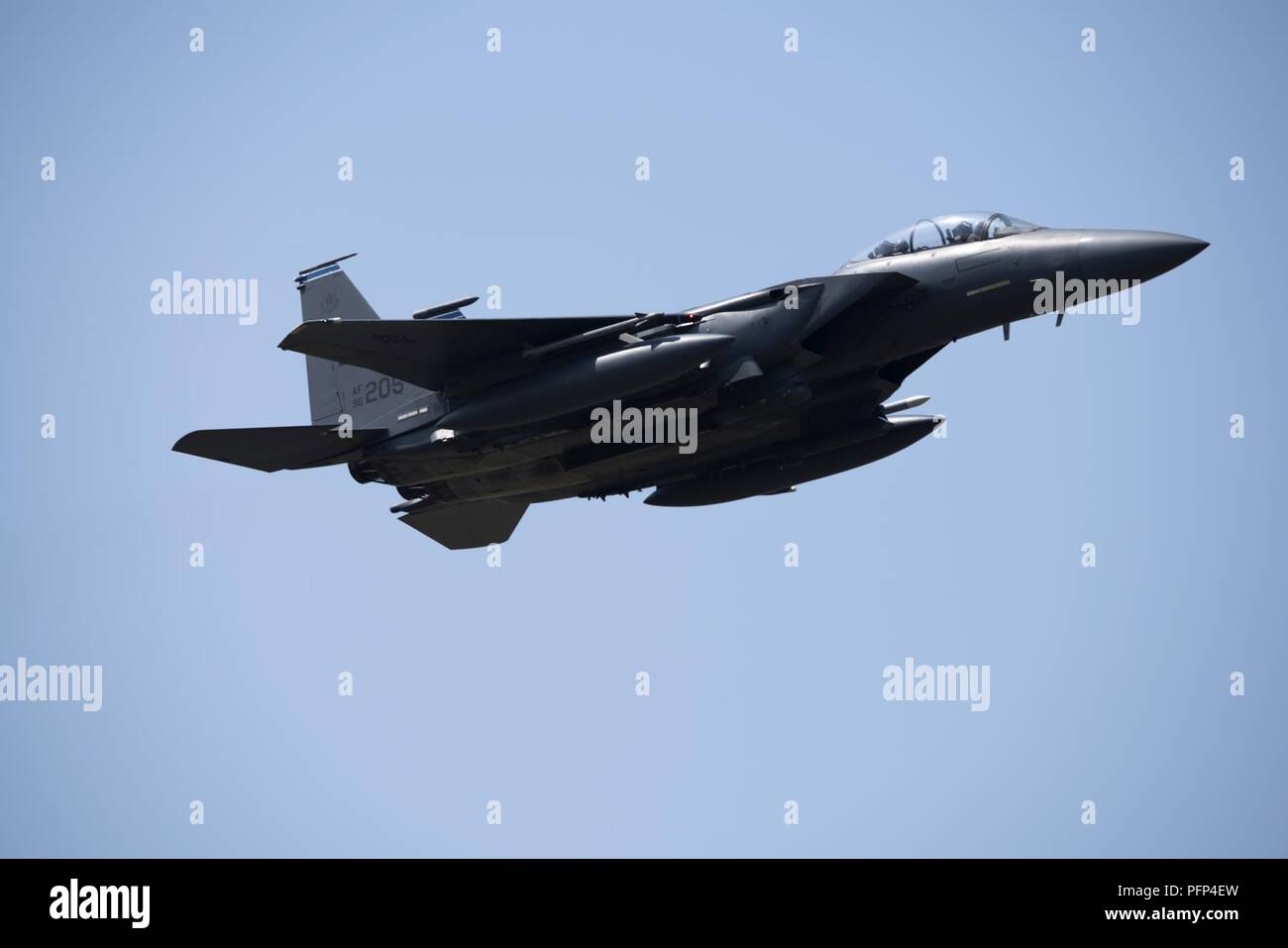 An F-15E Strike Eagle assigned to the 492nd Fighter Squadron flies over ...