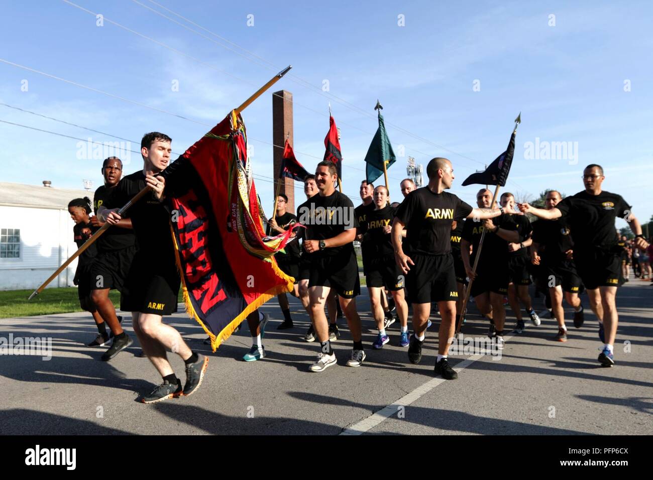 Soldiers of Headquarters and Headquarters Battalion, 101st Airborne Division (Air Assault) participate in the Division’s Day of the Eagle Division Run, May 24, 2018, Fort Campbell, Ky. The Day of the Eagle is a tradition started in 1973 as an effort to reinforce a sense of comradery and community that has been carried on throughout the ages in honor of those who have served in the 101st. Stock Photo