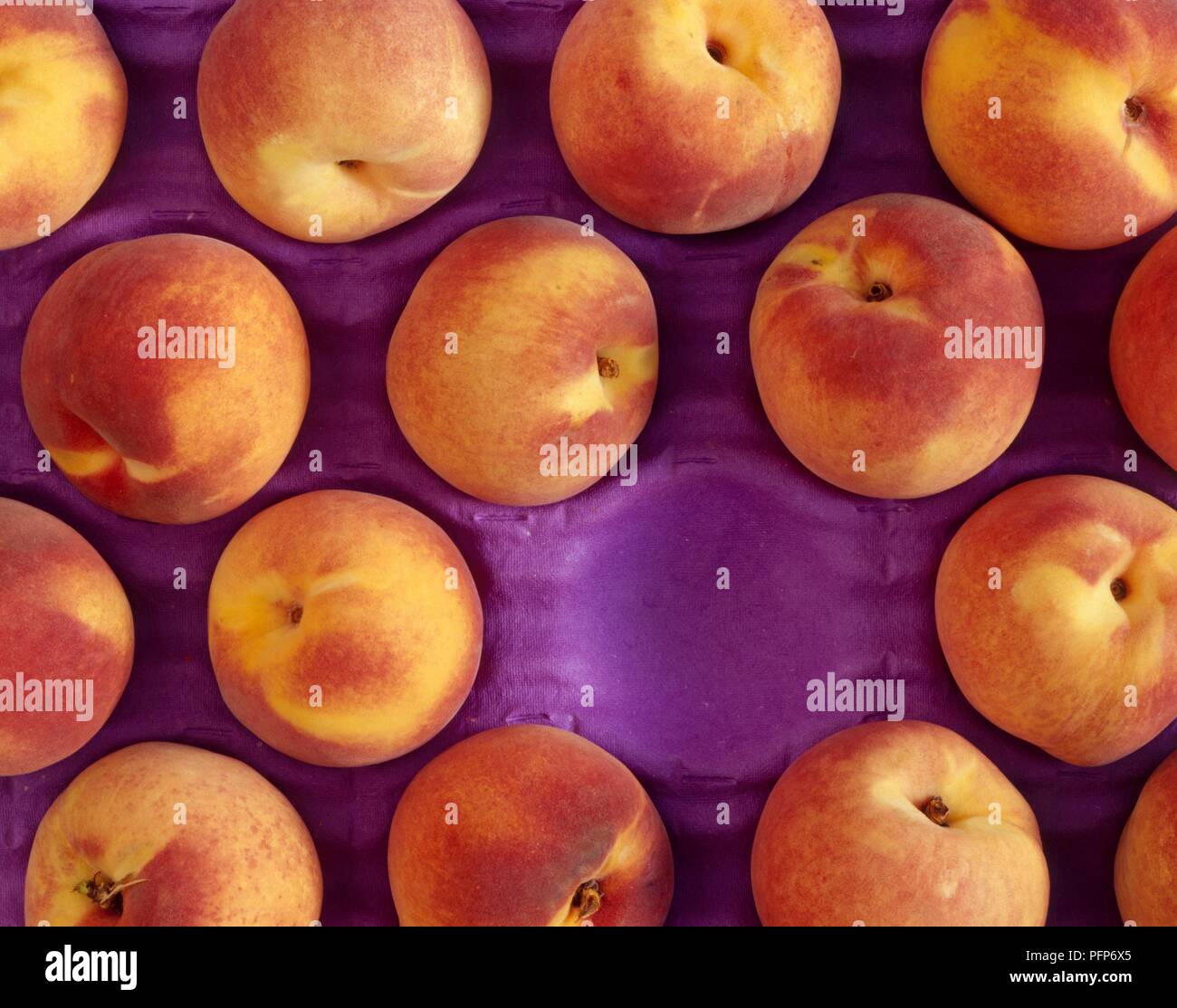 Peaches in tray with one peach missing, closeup Stock Photo Alamy