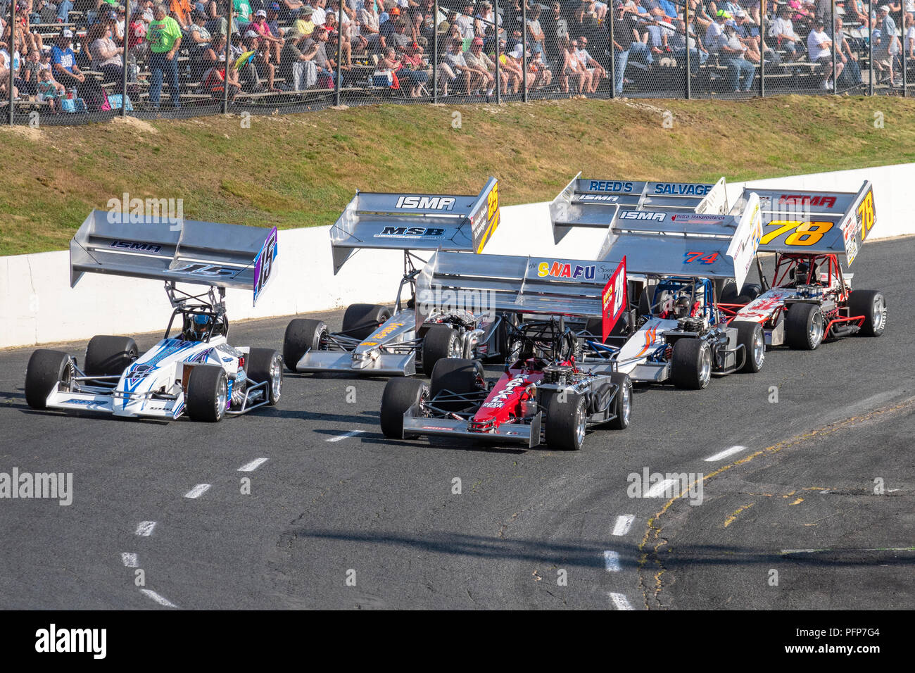 ISMA supermodified racers run a time trial heat for the Carquest Genden Auto Parts ISMA 75 at the Monadnock Speedway in Winchester, NH., June 30, 2018 Stock Photo