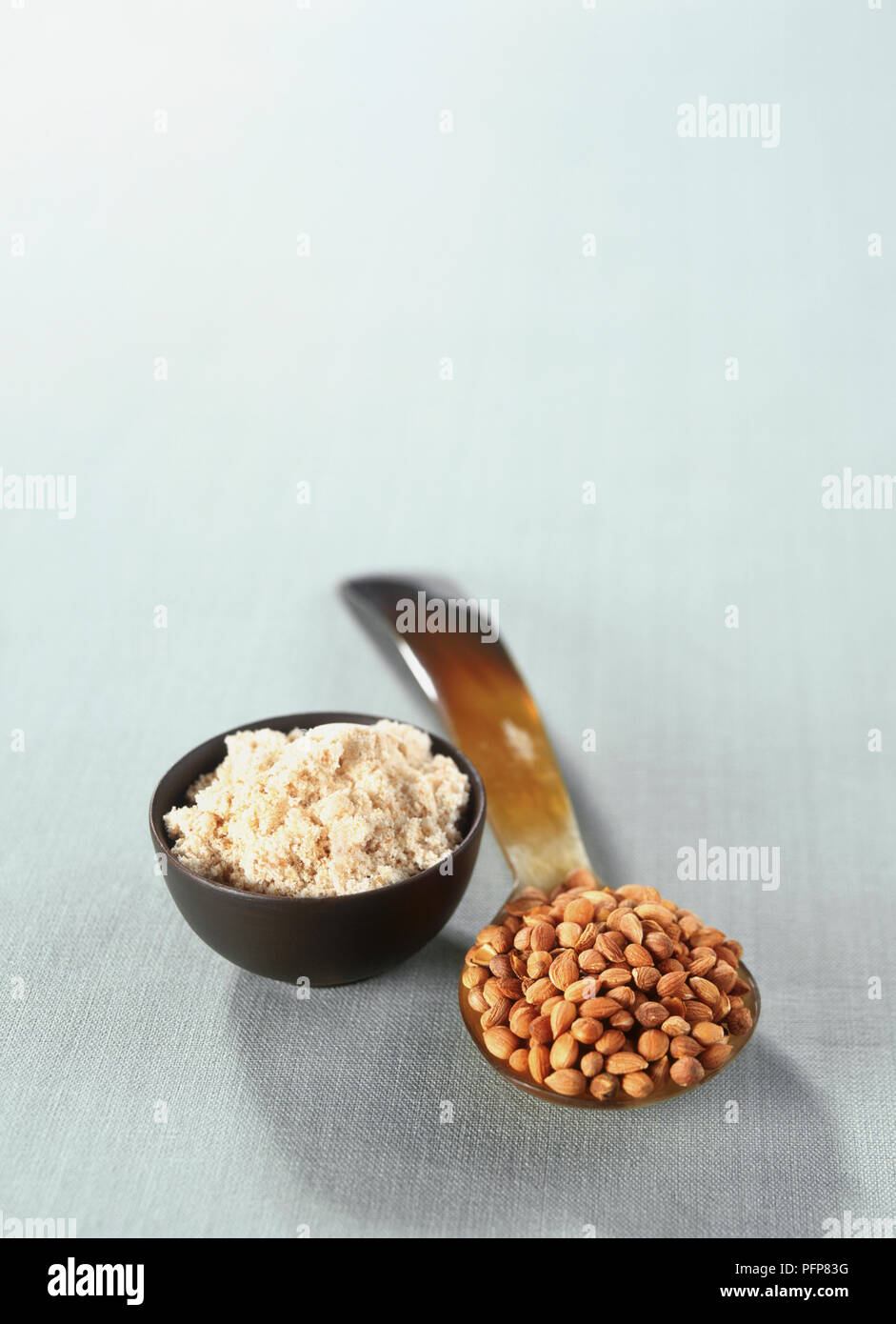 Prunus mahaleb (St. Lucie Cherry), ground seed kernels in bowl and kernels on spoon, close-up Stock Photo