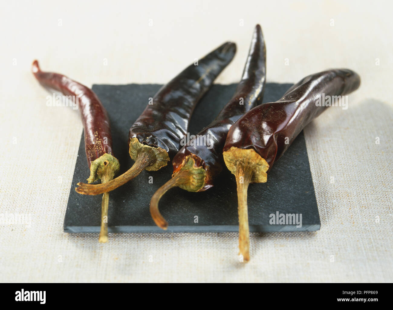 Capsicum annuum, Guindilla, dried Spanish Chilli Peppers on slate tile