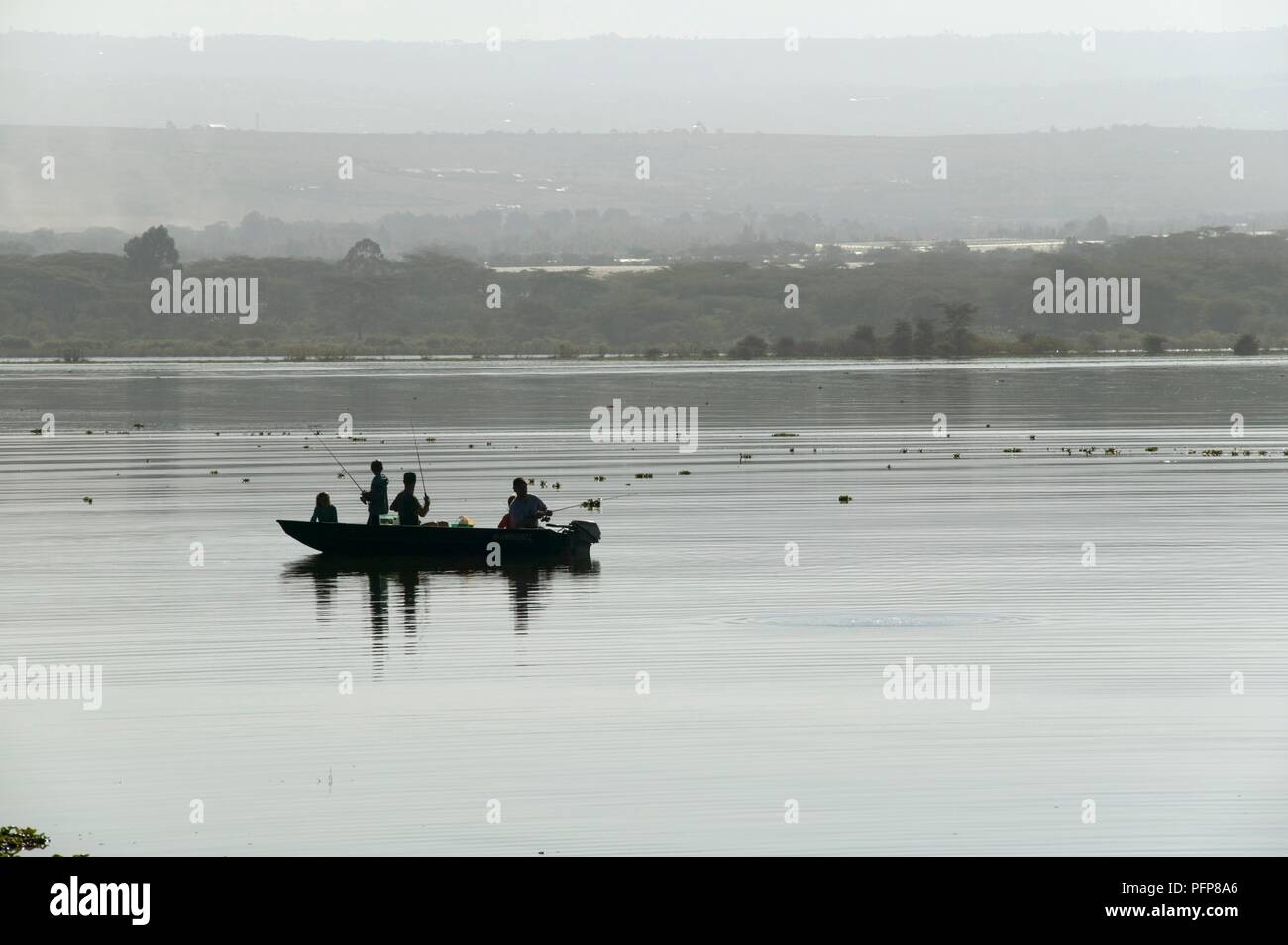 Kenya, Rift Valley, Lake Naivasha, fishermen fishing from a boat Stock Photo