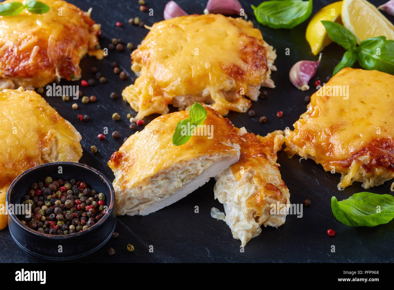 close-up of Pork Chops Topped with finely chopped Onions, Mayo and ...