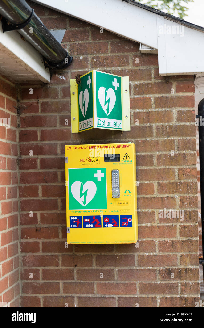 Automated External Defibrillator, Tilshead, Wiltshire, UK Stock Photo