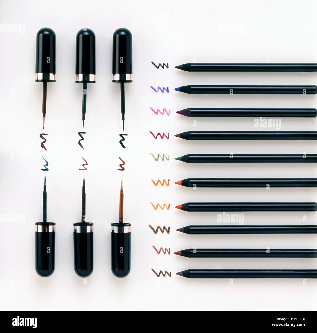 Eye liner pencils and liquid eyeliners in various colours Stock Photo Alamy