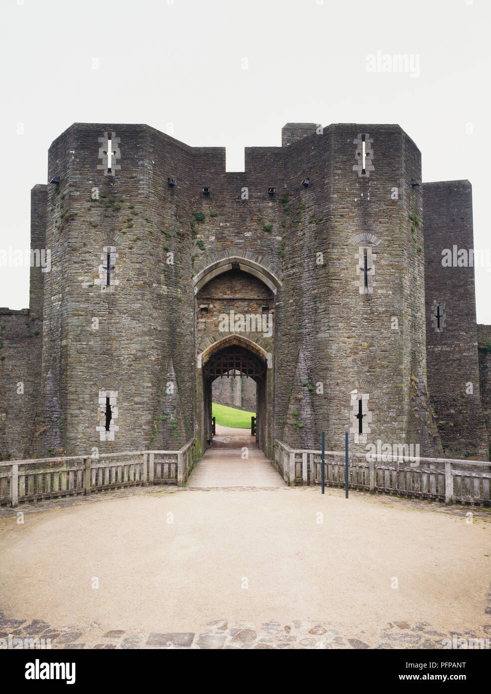Great Britain, Wales, Caerphilly Castle, front view of gatehouse Stock