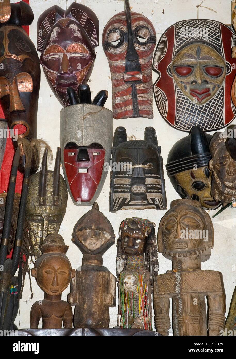 Kenya, Mombasa, African masks in souvenir shop Stock Photo