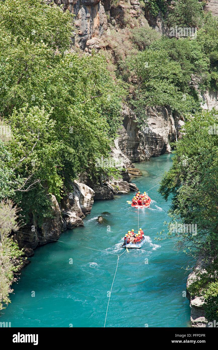 Turkey, vacationers rafting on aquamarine river in Koprulu Canyon, near Antalya Stock Photo