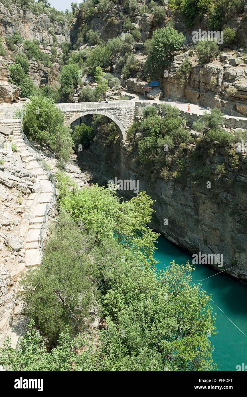 Turkey, Roman bridge crossing the Koprulu Canyon, near Antalya with aquamarine river below Stock Photo