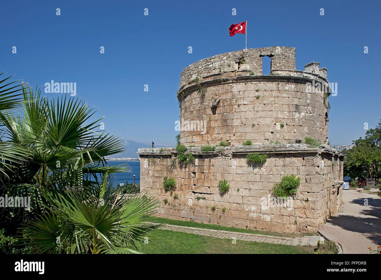 Turkey, Antalya, Kaleici, 2nd century circular Hidirlik Tower overlooking sea Stock Photo