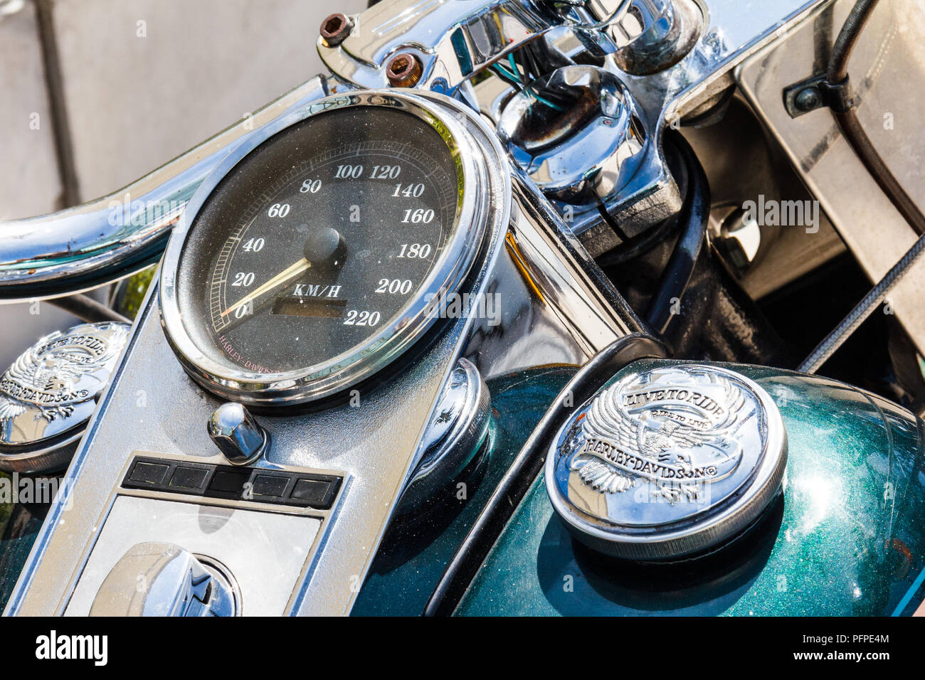 Patong, Thailand - 15th April 2017: Logo of Harley Davidson Heritage Softail. The motorcycle is a famous American brand. Stock Photo