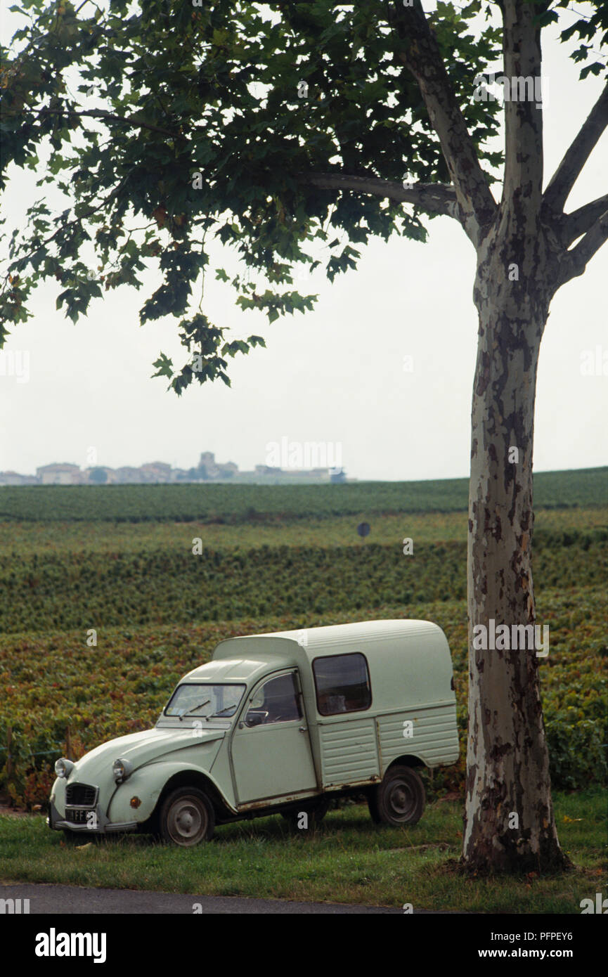 France, Citroen 2CV van parked next to tree at edge of vineyard Stock Photo