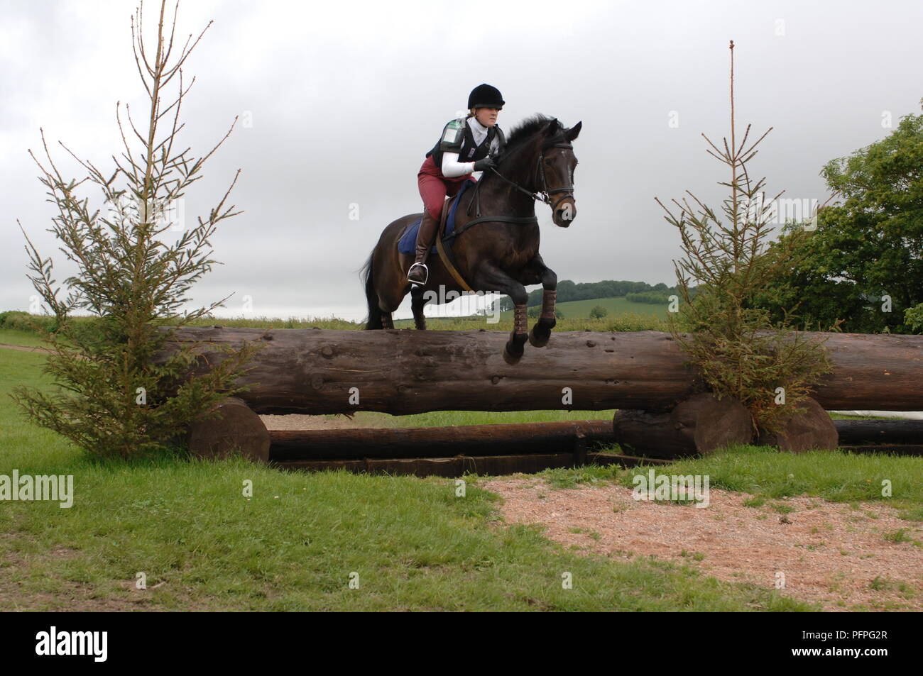 Young woman riding horse over log jump on equestrian crosscountry