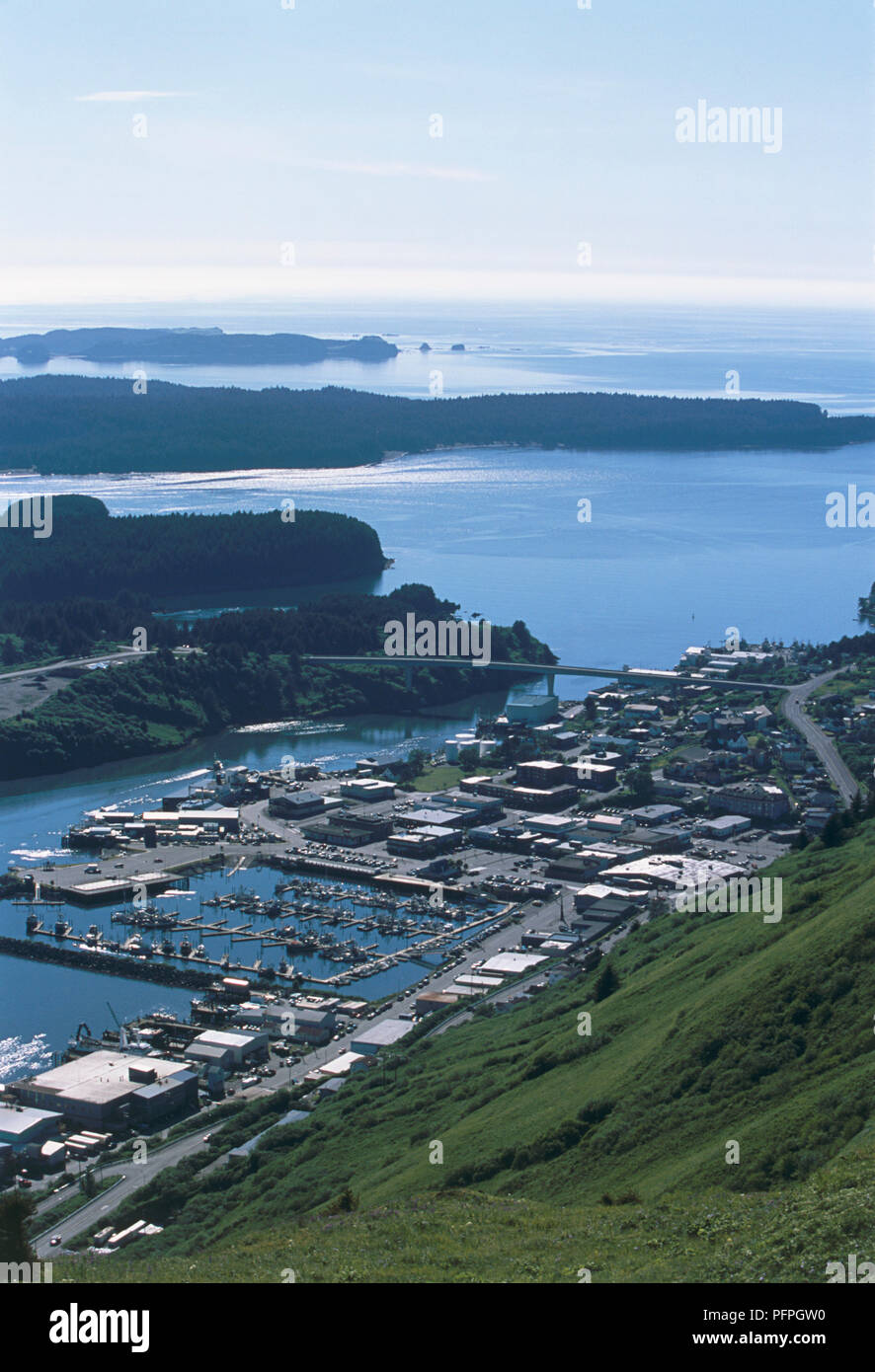 USA, Alaska, Kodiak Island, Kodiak city on coastline Stock Photo