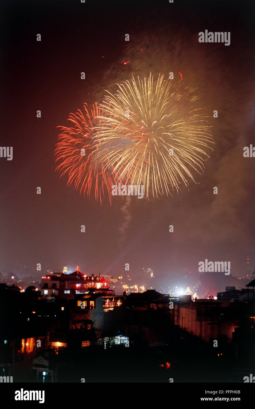 Vietnam, Hanoi, fireworks over capital city Stock Photo