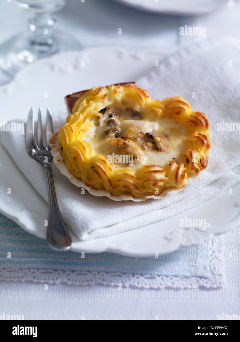 Coquilles St Jacques, made with scallops, mushrooms and gruyere cheese