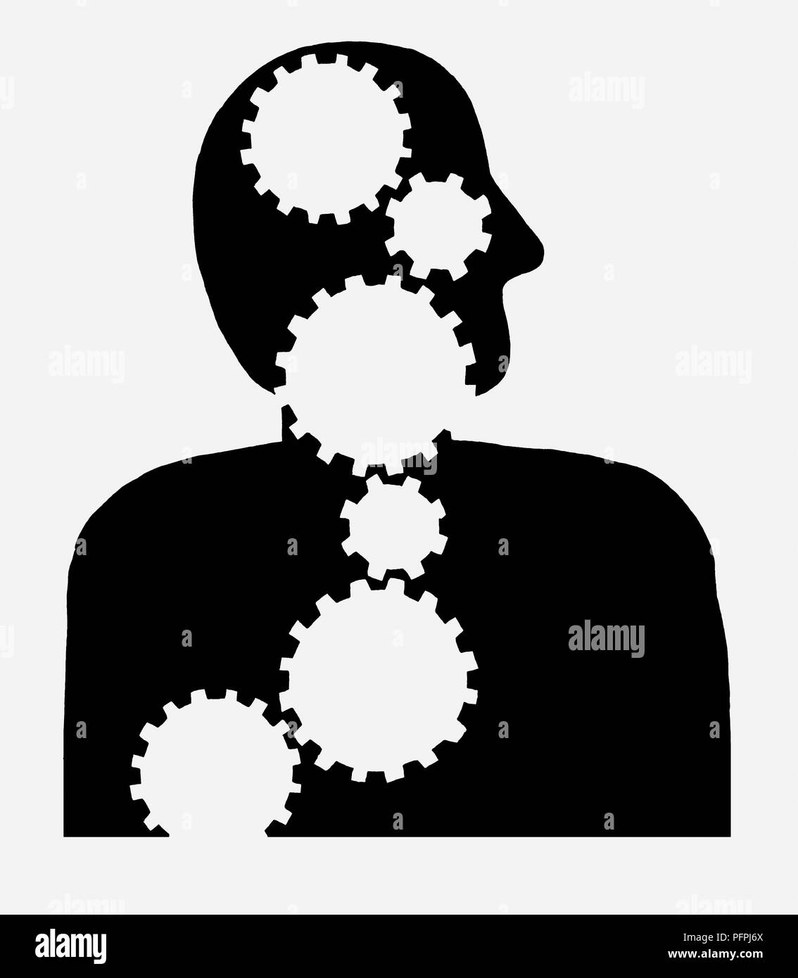 Black and white illustration of cogs superimposed on a person's head and upper body Stock Photo