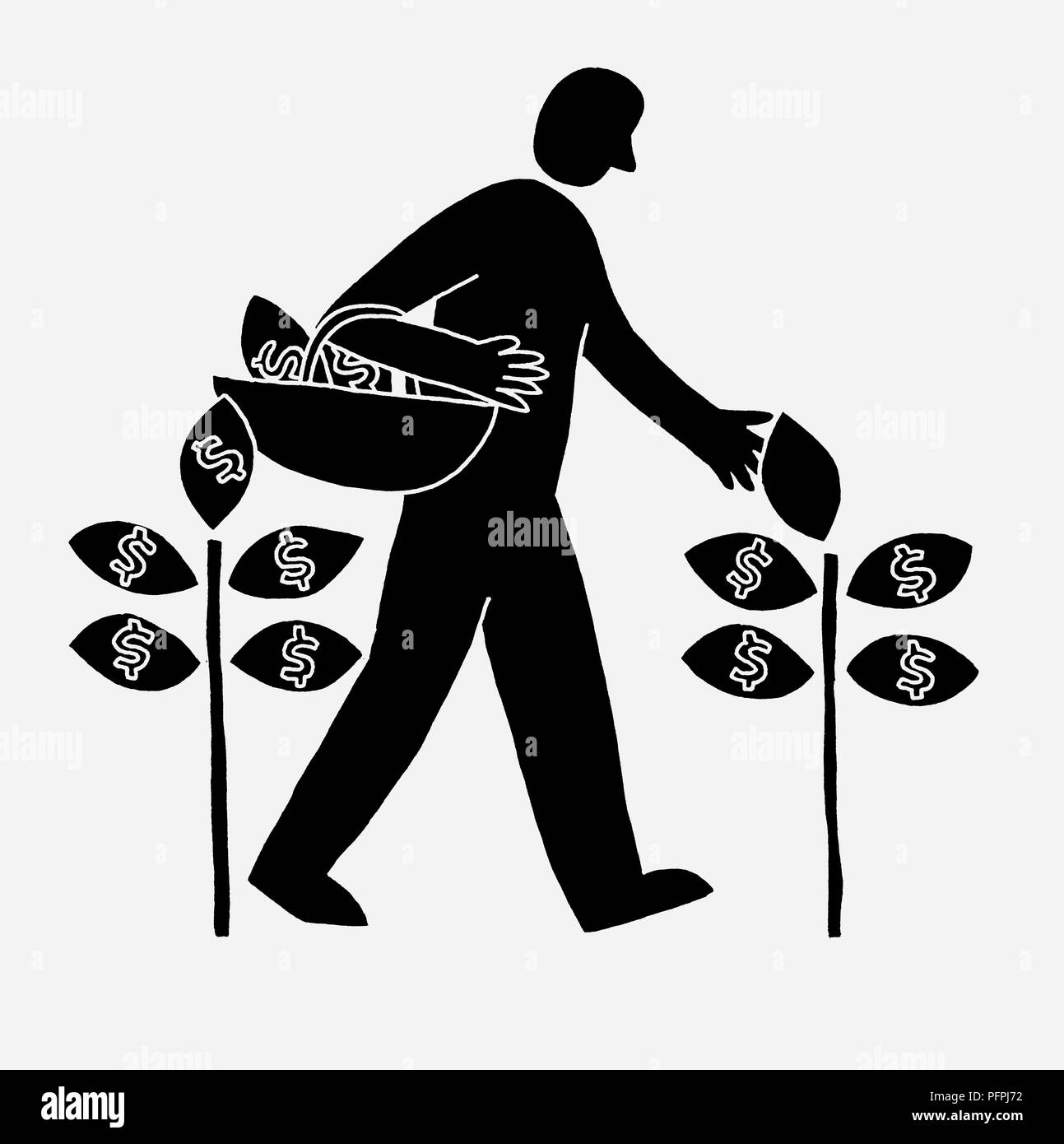 Black and white illustration of figure picking leaves with dollar symbols on them Stock Photo