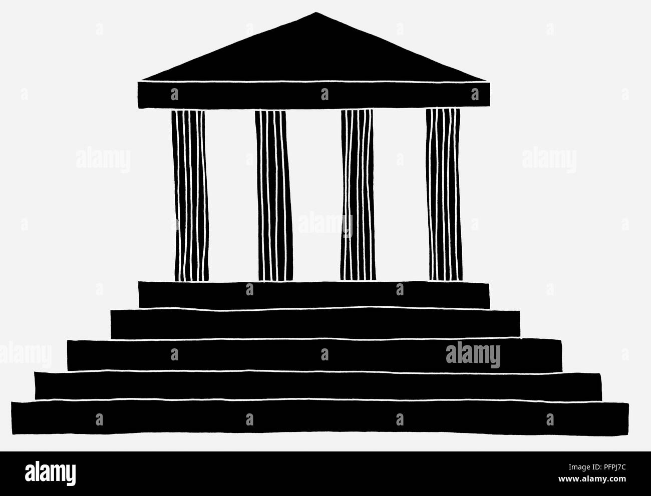 Black and white illustration of a temple building Stock Photo