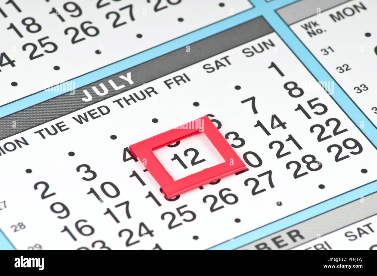Calendar with date marked (Thursday 12 July Stock Photo Alamy